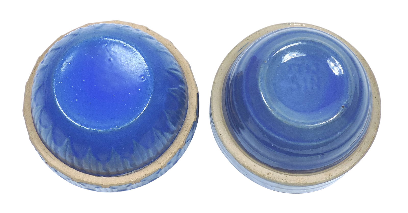 Stoneware Mixing Bowls (2), both Rare 5" size, blue w/beehive/ribbed design-possibly McCoy, embo... - 3