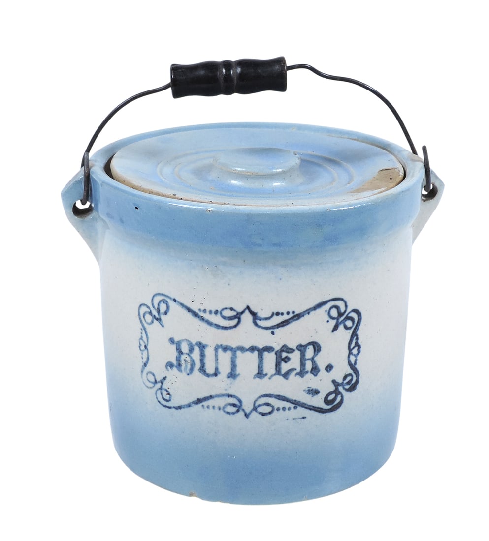 Western Stoneware Co. 3# Butter Crock, impressed 3 on bottom of lid & crock, includes wire w/wooden (1 of 6)