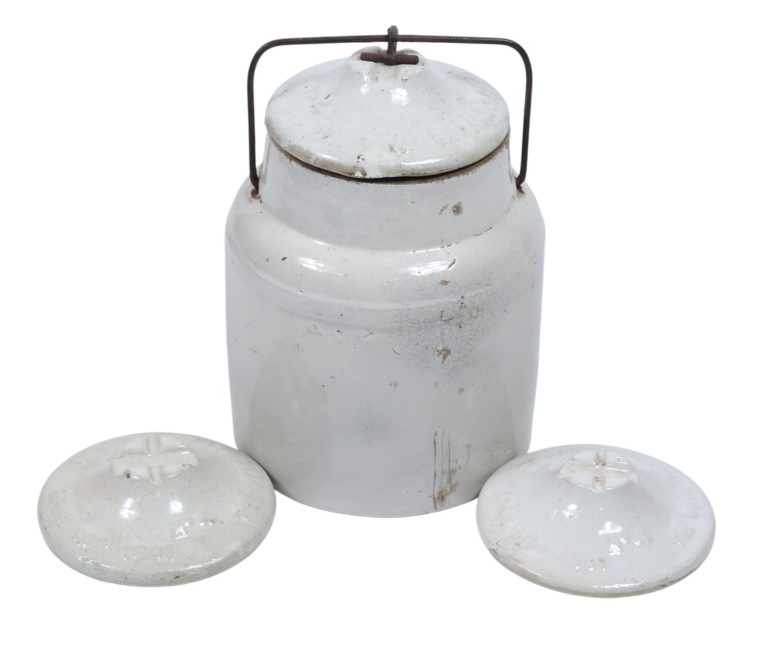 Western Stoneware Weir Self-Sealing Jar w/2 Additional Lids, complete w/wire bail handle, lids em... (1 of 3)