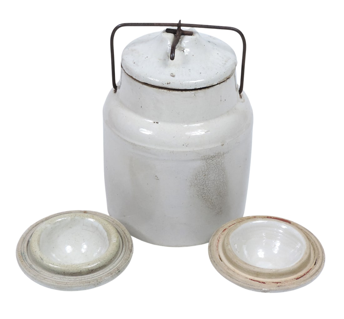 Western Stoneware Weir Self-Sealing Jar w/2 Additional Lids, complete w/wire bail handle, lids em... - 2