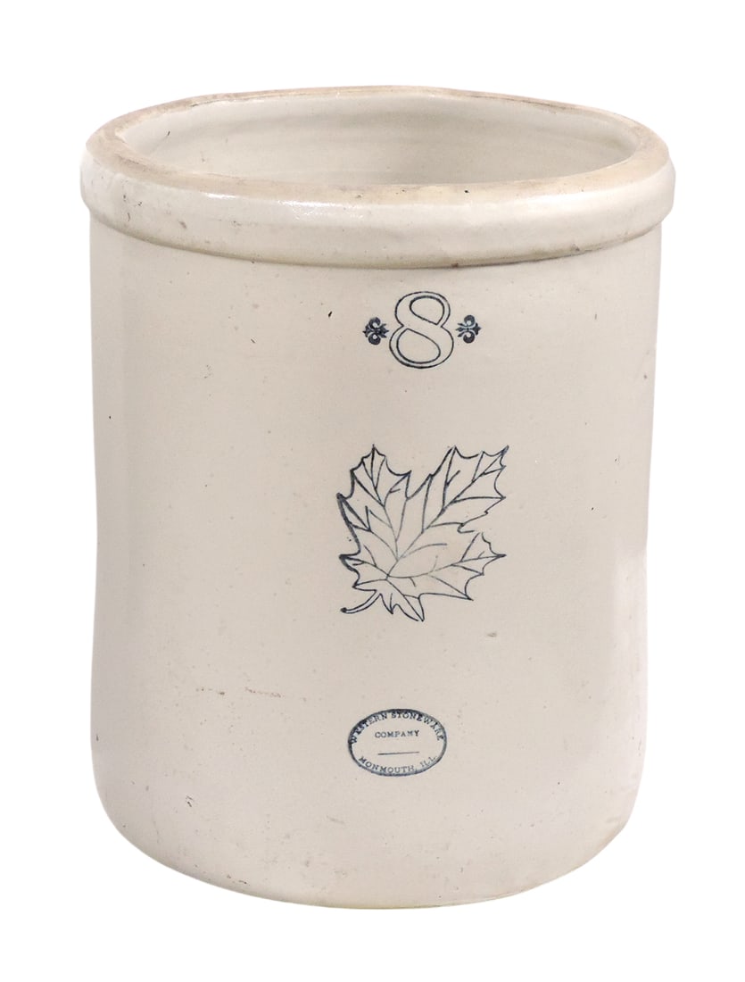 Western Stoneware 8 Gallon Crock, Maple Leaf w/Western Stoneware Company Monmouth, Ill oval, slight (1 of 4)