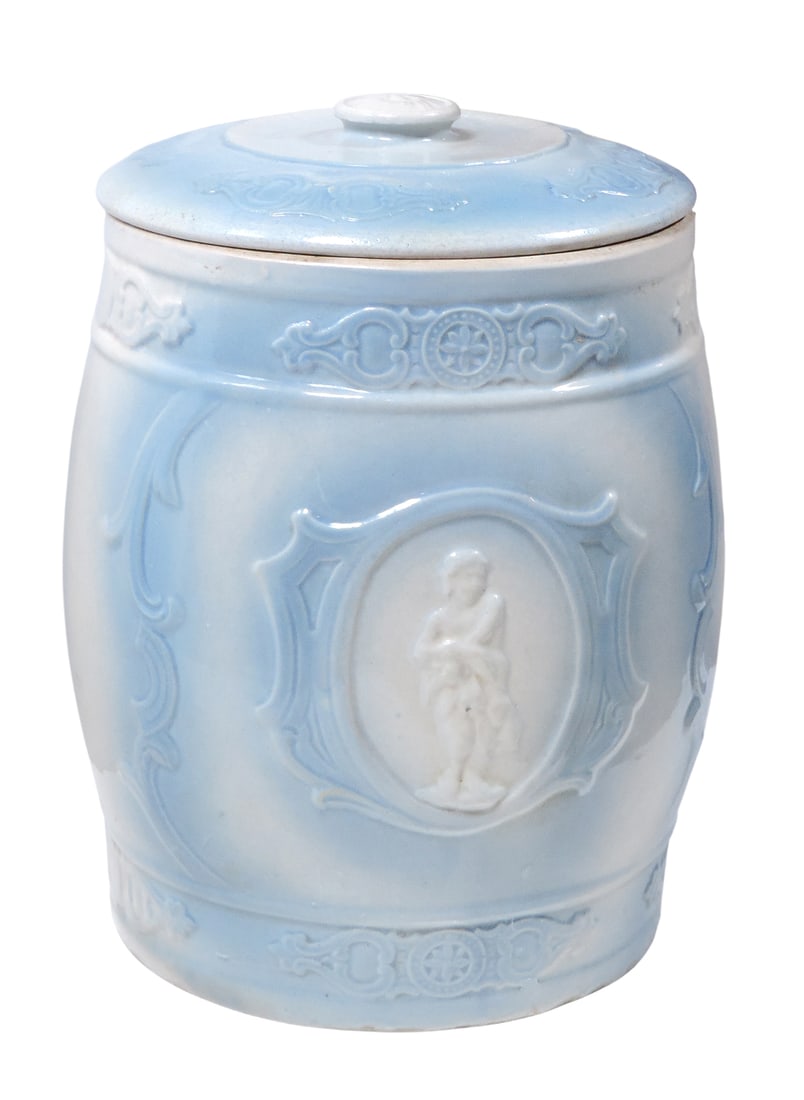 Western Stoneware Cupid 6 Gallon Water Cooler w/orig lid, embossed 6 near base on front, factory ... - 2