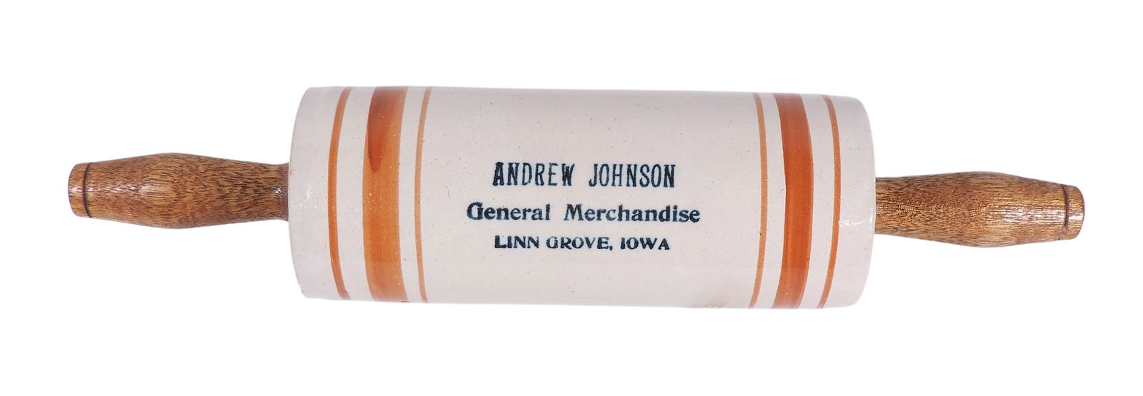 Western Stoneware Advertising Rolling Pin from Andrew Johnson General Merchandise-Linn Grove, Iowa,: Western Stoneware Advertising Rolling Pin from Andrew Johnson General Merchandise-Linn Grove, Iowa, orange banded w/orig wooden handles, Exc cond w/tiny flea bite on one end & 2 small glaze slips on s