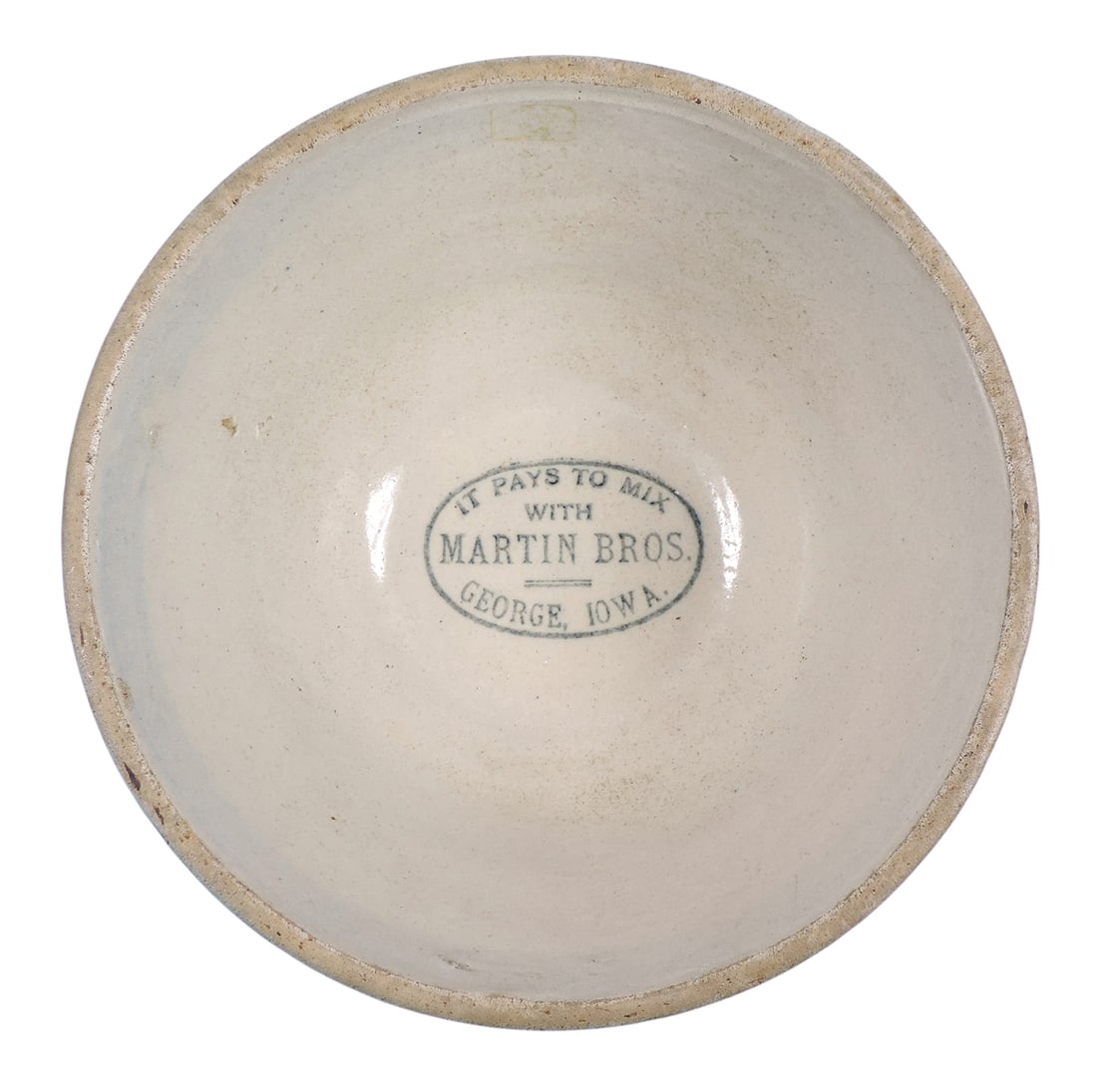 Red Wing Advertising Greek Key Stoneware Bowl, It Pays To Mix With Martin Bros. George, Iowa, imp...: Red Wing Advertising Greek Key Stoneware Bowl, It Pays To Mix With Martin Bros. George, Iowa, impressed 8 on bottom, some factory glaze imperfections, c. early 1900s, Exc cond, H 4.25 x D 8 in.