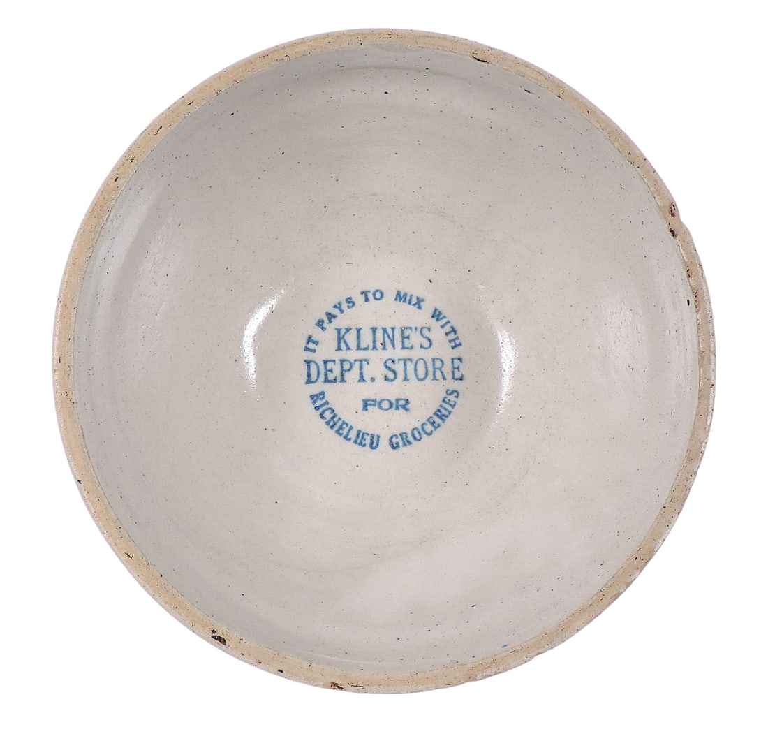 Red Wing Advertising Mixing Bowl, It Pays To Mix With Kline's Dept. Store For Richelieu Groceri...: Red Wing Advertising Mixing Bowl, It Pays To Mix With Kline's Dept. Store For Richelieu Groceries, #7, molded vertical ribbing w/upper red & blue bands, impressed 7 on bottom, flakes & small nicks on