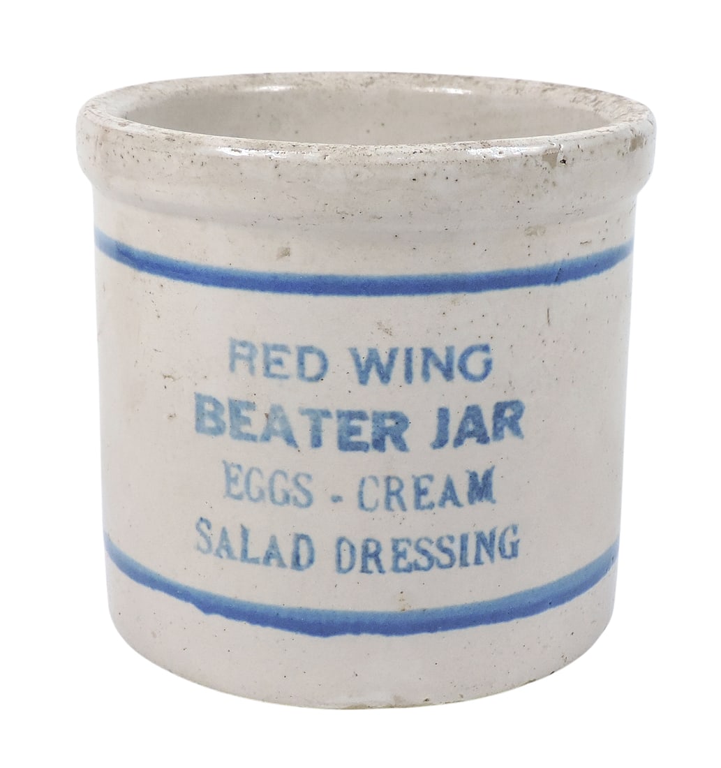 Red Wing Advertising Beater Jar, Red Wing Beater Jar Eggs-Cream Salad Dressing, c. early 1900s, Exc: Red Wing Advertising Beater Jar, Red Wing Beater Jar Eggs-Cream Salad Dressing, c. early 1900s, Exc cond, H 4.75 x D 5 in. 