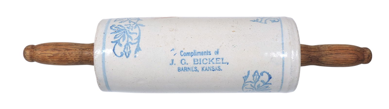 Brush-McCoy Advertising Rolling Pin, Compliments of J.G. Bickel-Barnes, Kansas, blue Wildflower d...: Brush-McCoy Advertising Rolling Pin, Compliments of J.G. Bickel-Barnes, Kansas, blue Wildflower design w/orig wooden handles, c. early 1900s, Exc cond, L 14.5 in. 