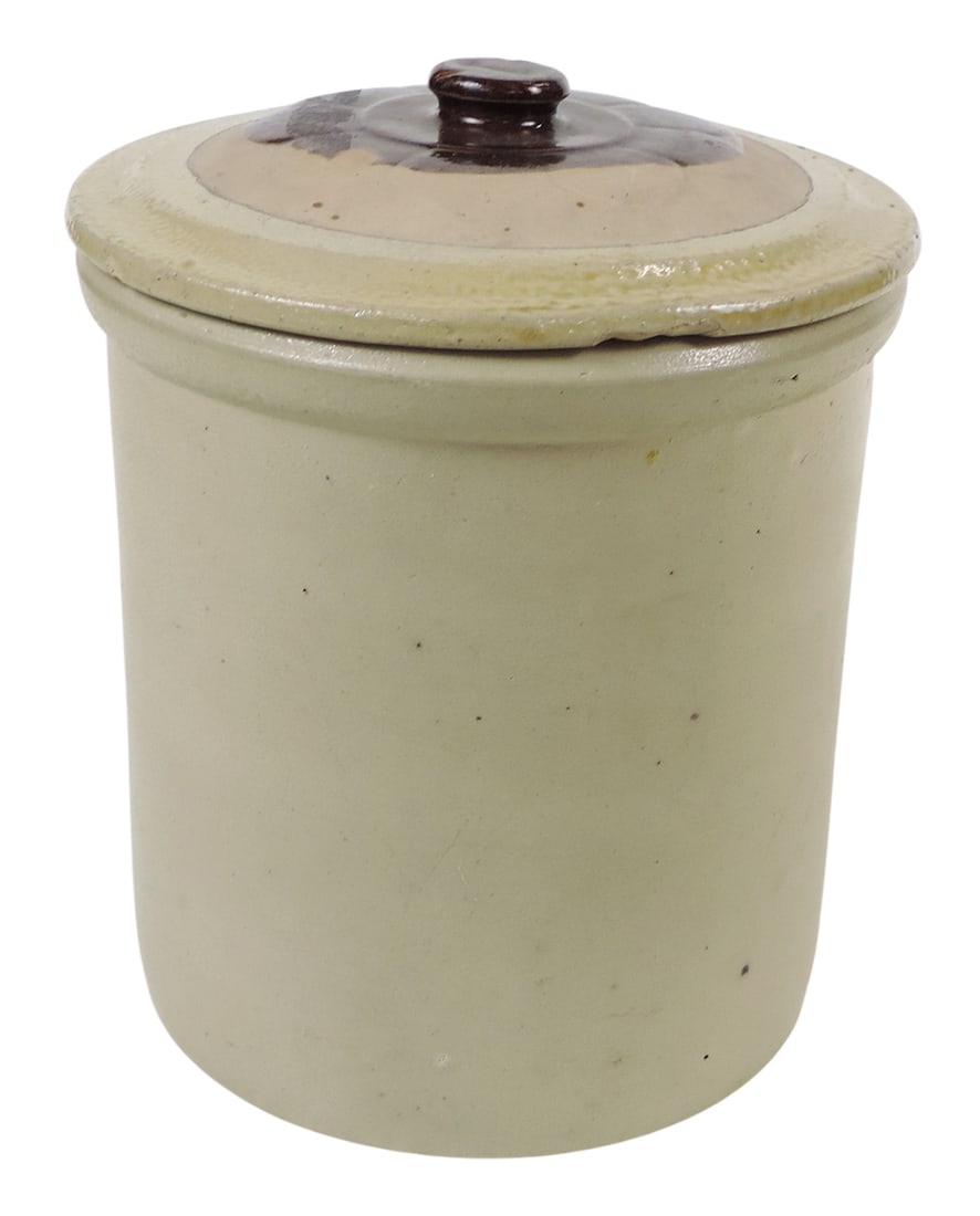 Minnesota Stoneware 1 Gallon Salt Glaze Crock w/Lid, embossed bottom reads "Minnesota Stoneware C...: Minnesota Stoneware 1 Gallon Salt Glaze Crock w/Lid, embossed bottom reads "Minnesota Stoneware Co.-Red Wing", Albany slip interior & Salt Glaze button petal lid w/Albany slip center & bottom, c. late