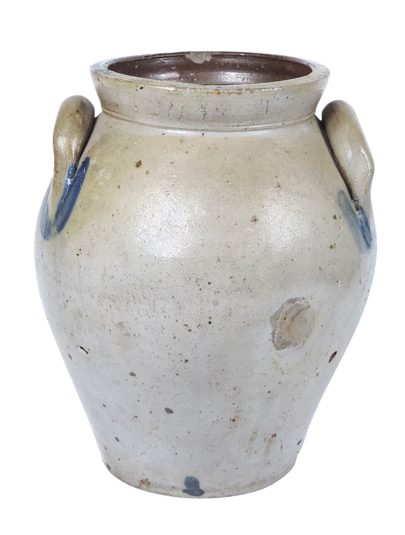 Stoneware Ovoid Jar, stamped T.P. Mead Portage Co. (Ohio), salt glaze w/cobalt blue accents & app... - 2