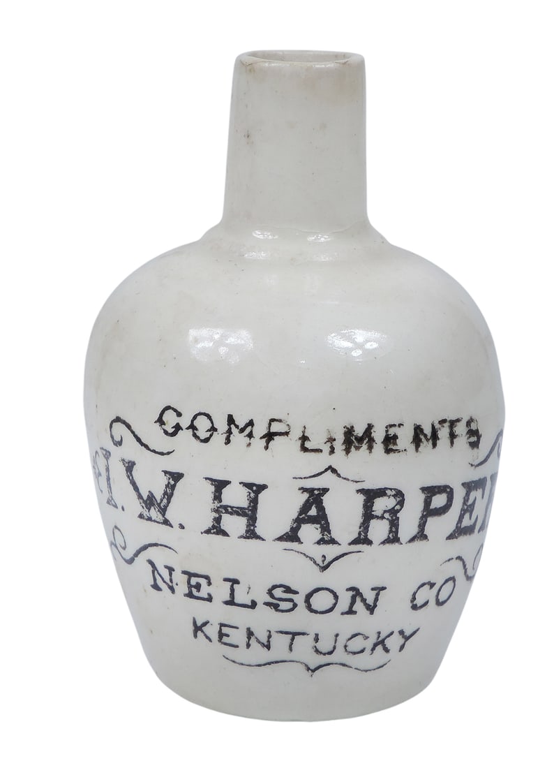 Miniature Advertising Jug, Compliments I.W. Harper Nelson Co., Kentucky, tiny nick on top rim, c....: Miniature Advertising Jug, Compliments I.W. Harper Nelson Co., Kentucky, tiny nick on top rim, c. early 1900s, o/all VG+ cond, H 3.5 x D 1.75 (base) in. 