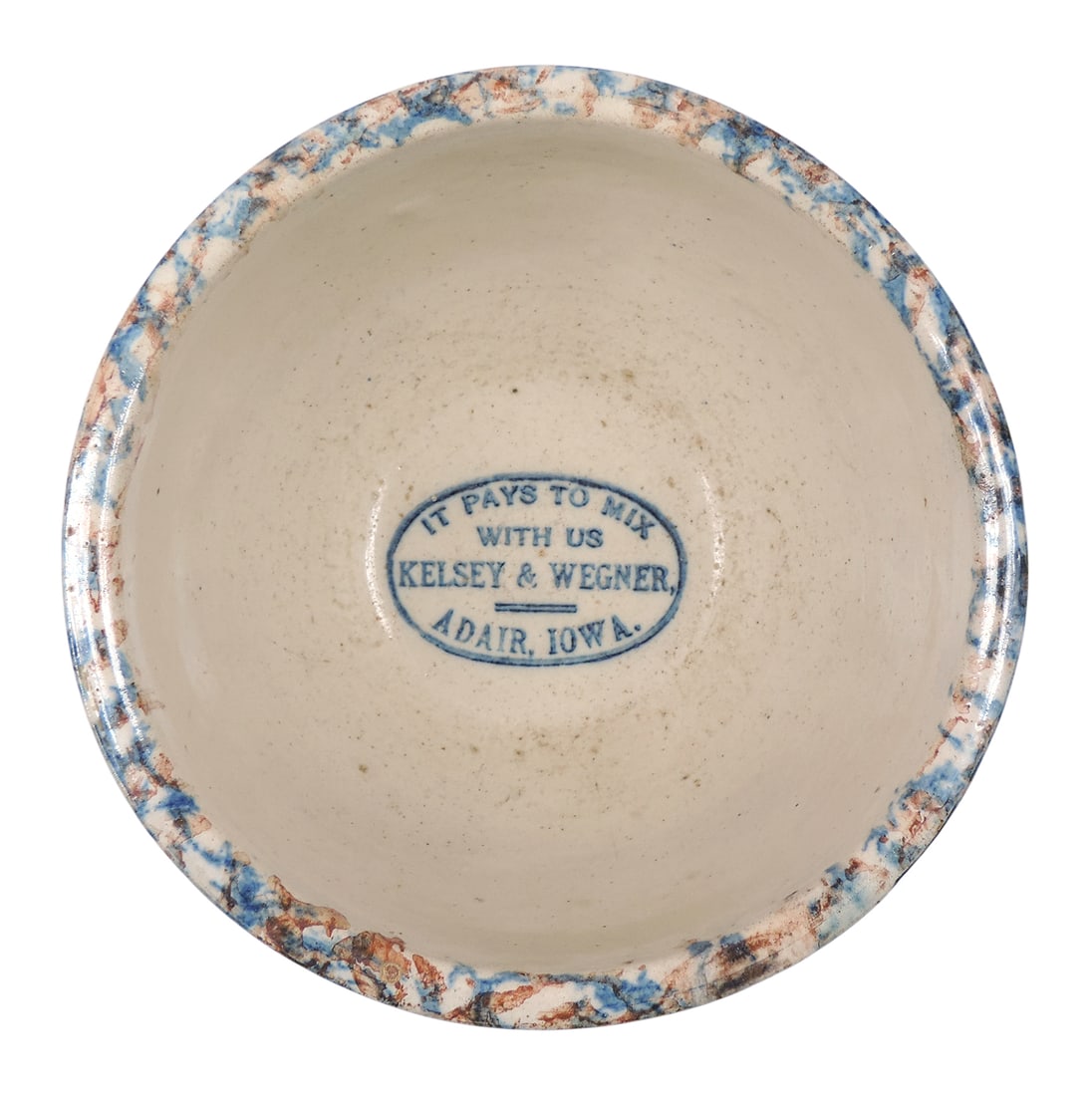 Red Wing Advertising Cap Bowl, blue/rust spongeware full panel design, stenciled It Pays To Mix W... (1 of 3)