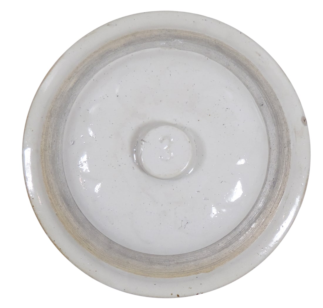 Red Wing 3 Gallon "Button" petal lid, impressed 3 on button, 3 chips on bottom & one edge chip, V...: Red Wing 3 Gallon "Button" petal lid, impressed 3 on button, 3 chips on bottom & one edge chip, VG cond, D 10.5 in. 