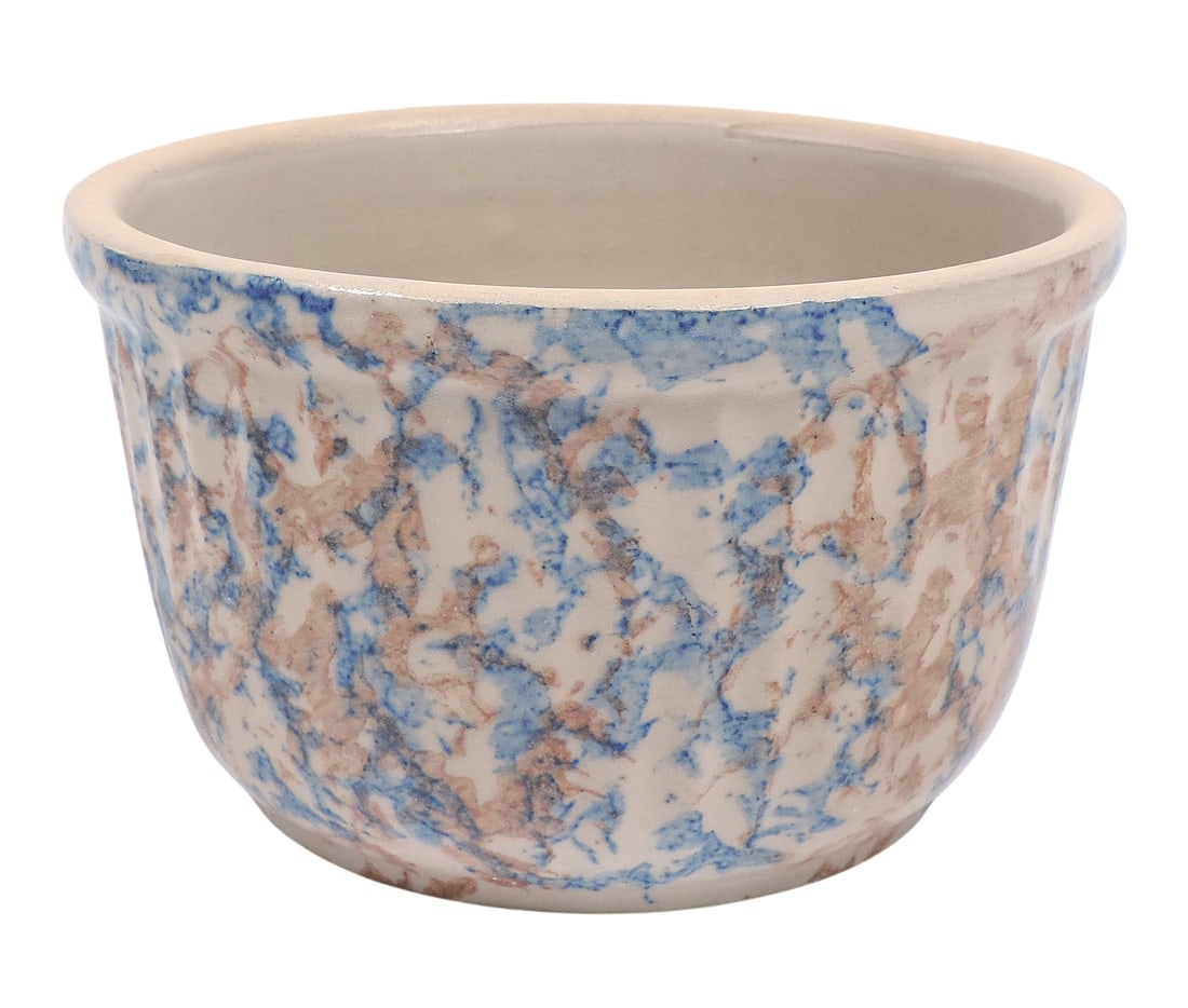 Red Wing Spongeware Cap Bowl, molded ribbed/panel design, blue/rust, c. early 1900s, Exc cond, H ...: Red Wing Spongeware Cap Bowl, molded ribbed/panel design, blue/rust, c. early 1900s, Exc cond, H 4.5 x D 7.25 in.