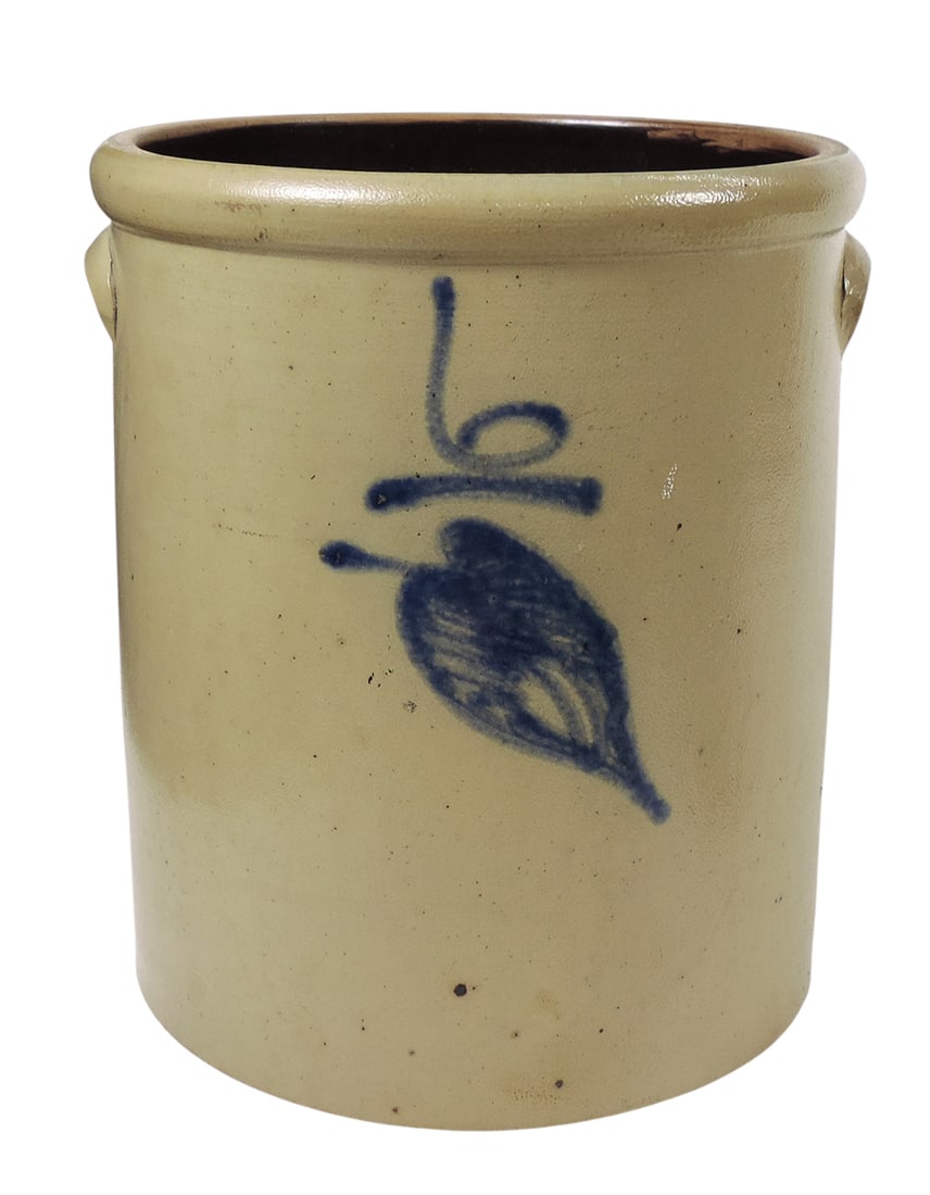Red Wing Salt Glaze 6 Gallon Leaf Crock, unmarked Red Wing w/hand-painted cobalt blue Leaf & No. 6, (1 of 4)