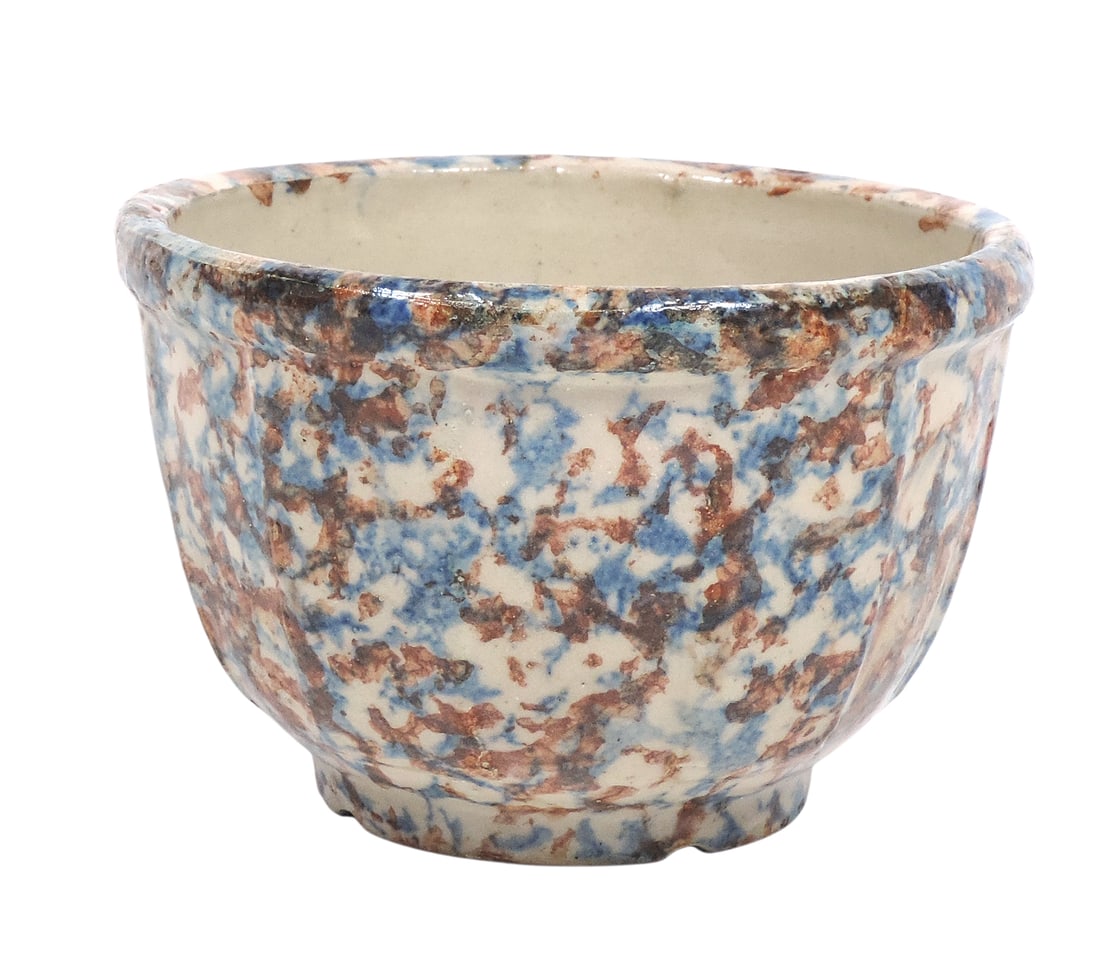 Red Wing Spongeware Cap Bowl, molded full panel design, blue/rust, faint old hairline cracks on b... (1 of 3)