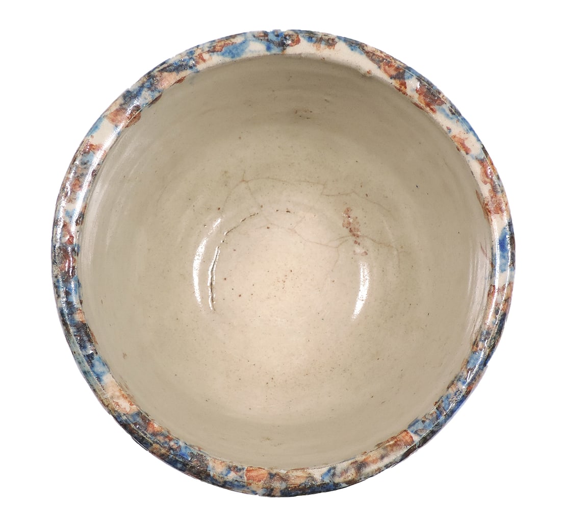 Red Wing Spongeware Cap Bowl, molded full panel design, blue/rust, faint old hairline cracks on b... - 2