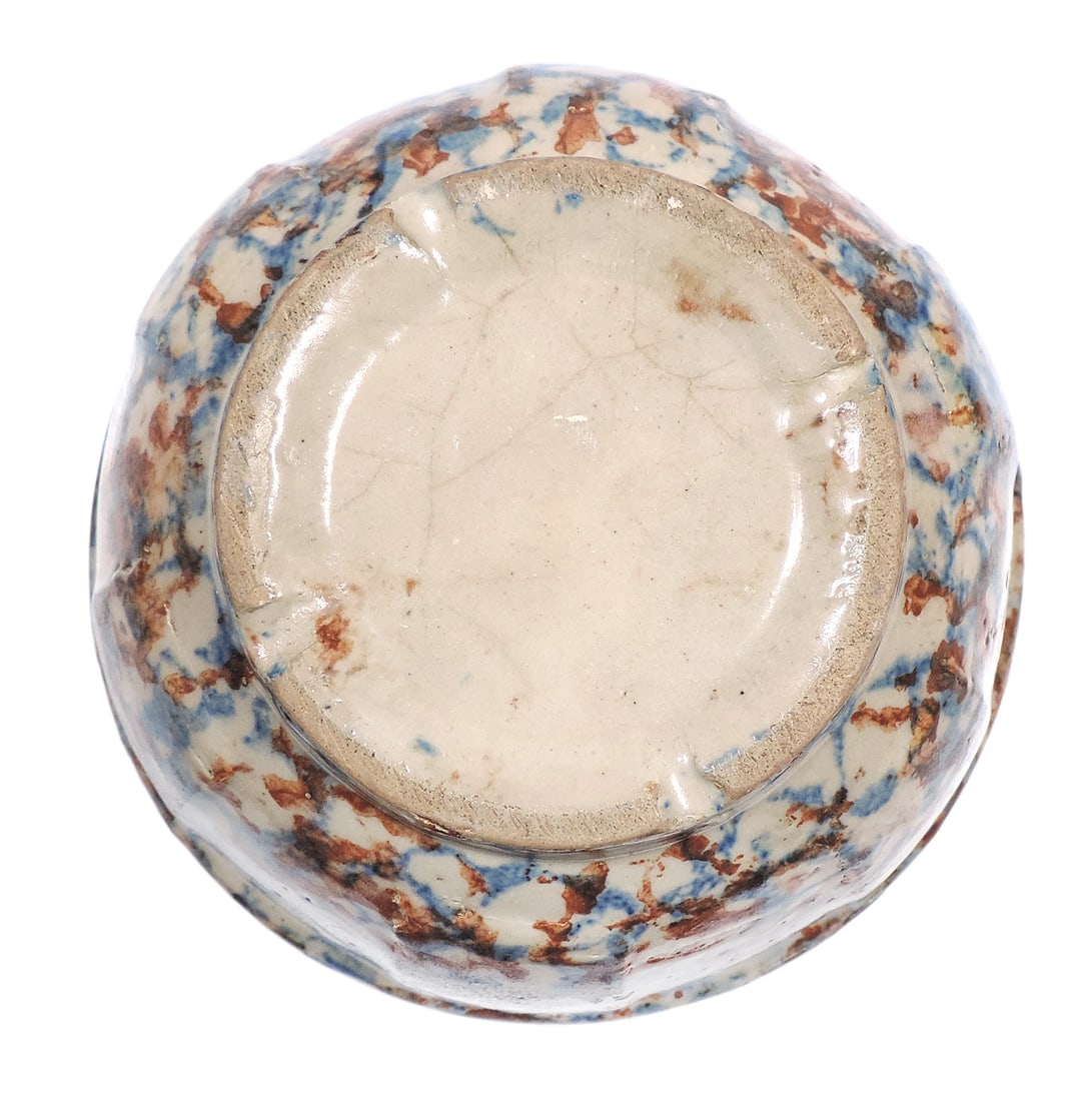 Red Wing Spongeware Cap Bowl, molded full panel design, blue/rust, faint old hairline cracks on b... - 3