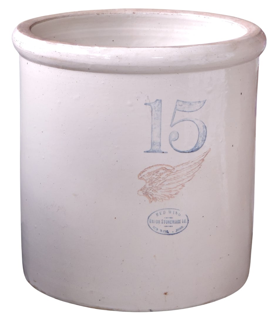 Red Wing 15 Gallon Crock w/large wing & Union Stoneware Co. oval, small factory glaze imperfections (1 of 3)