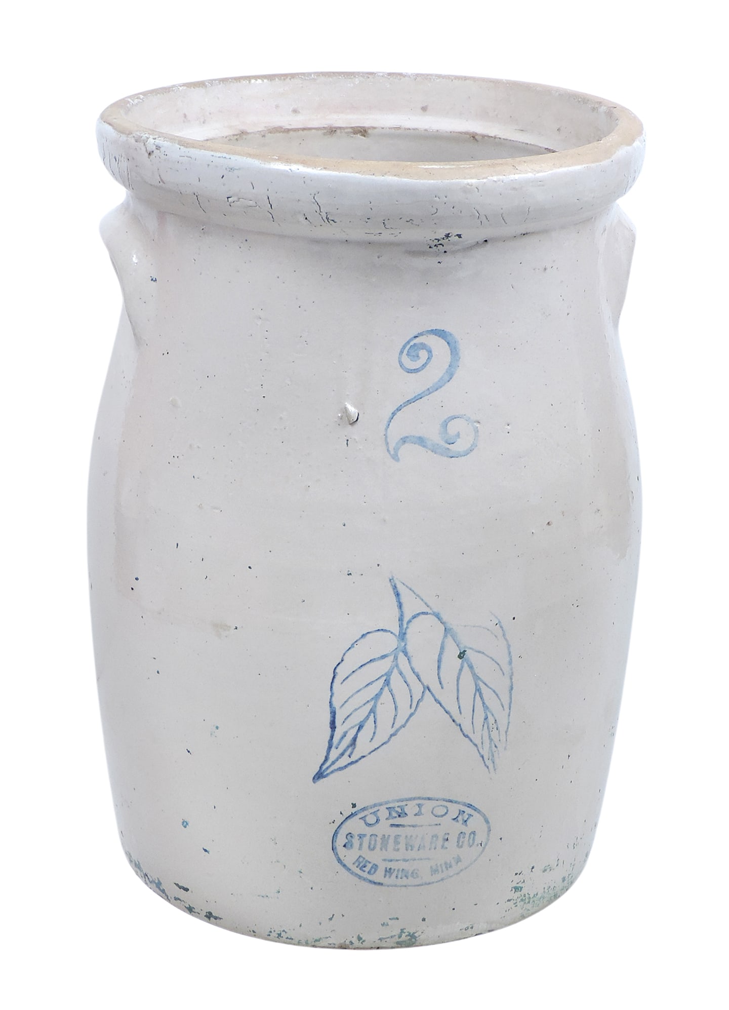 Red Wing 2 Gallon Birch Leaf Butter Churn w/blue Union Stoneware oval, 3 very light hairline cracks (1 of 6)
