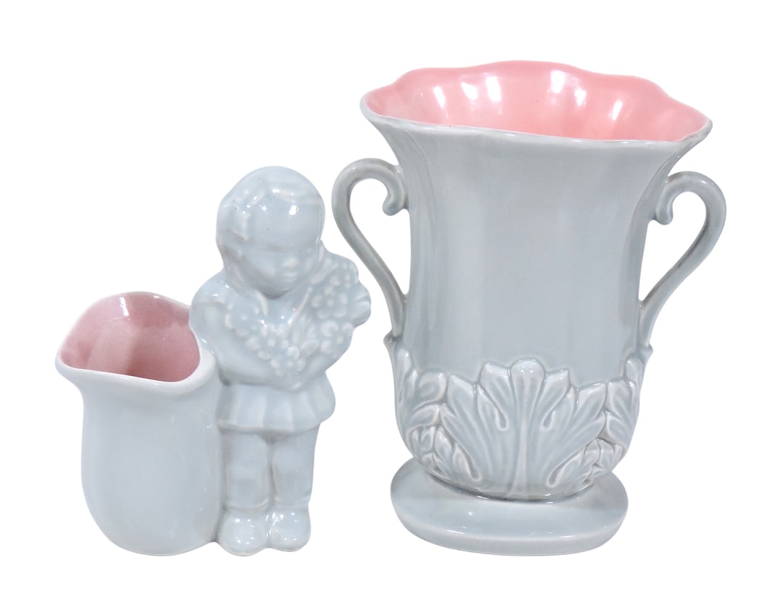 Red Wing Art Pottery (2), #1345 Figural Girl Planter, gray w/pink interior & same colored #1357 v...: Red Wing Art Pottery (2), #1345 Figural Girl Planter, gray w/pink interior & same colored #1357 vase, both Exc cond, up to H 7.5 in. 
