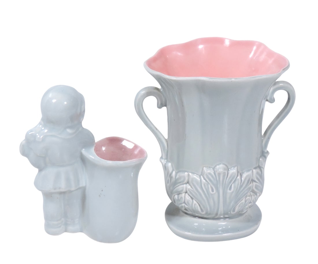 Red Wing Art Pottery (2), #1345 Figural Girl Planter, gray w/pink interior & same colored #1357 v... - 2