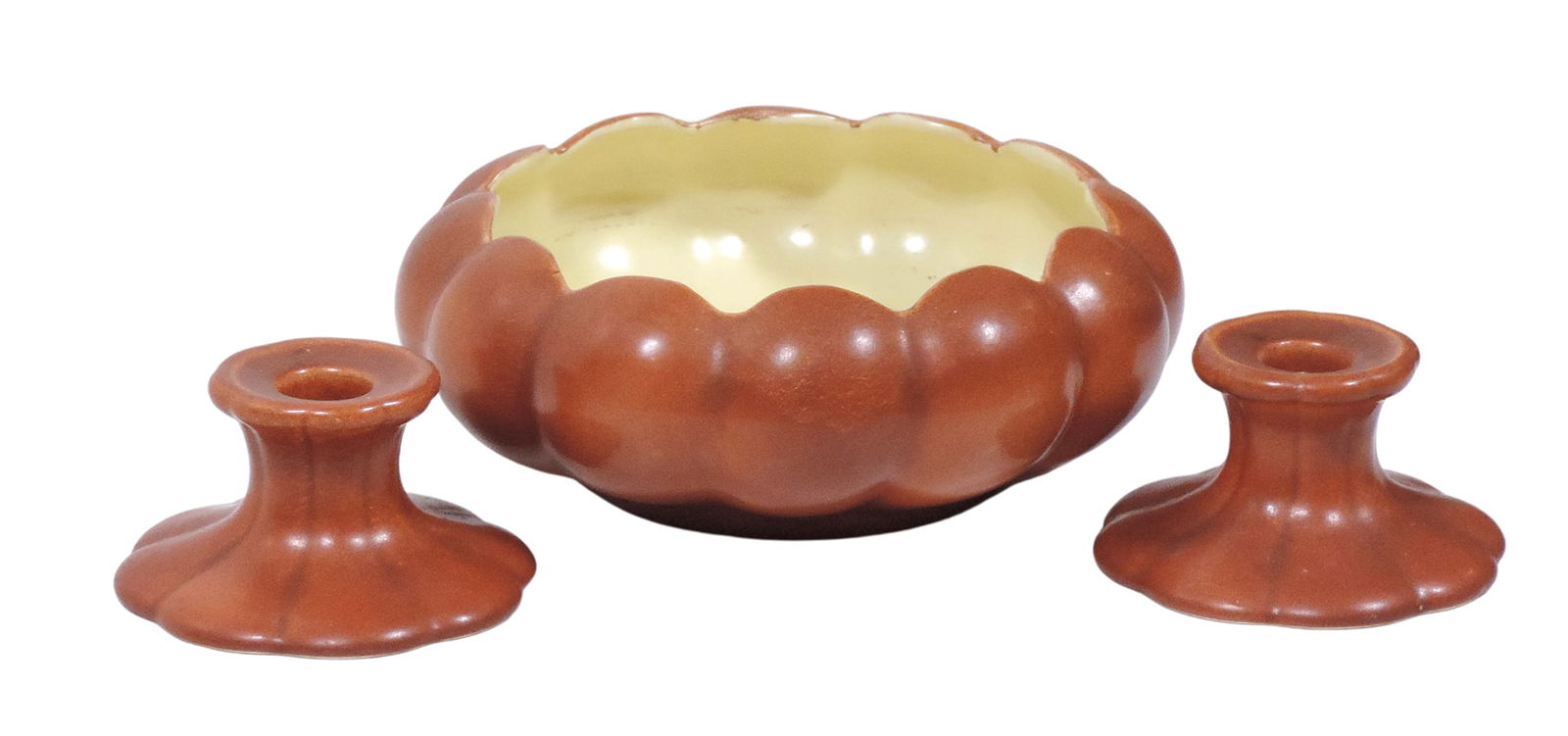 Red Wing Art Pottery (3), #278 copper low bowl w/matching candleholders, Exc cond, up to D 9 in.: Red Wing Art Pottery (3), #278 copper low bowl w/matching candleholders, Exc cond, up to D 9 in. 