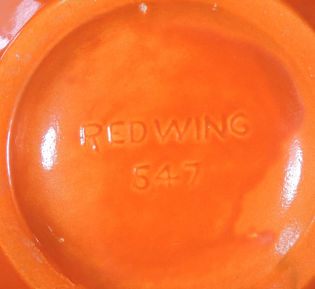 Red Wing Art Pottery (3), #547 ball-shaped pitcher in orange and orange set of salt & pepper shak... - 2