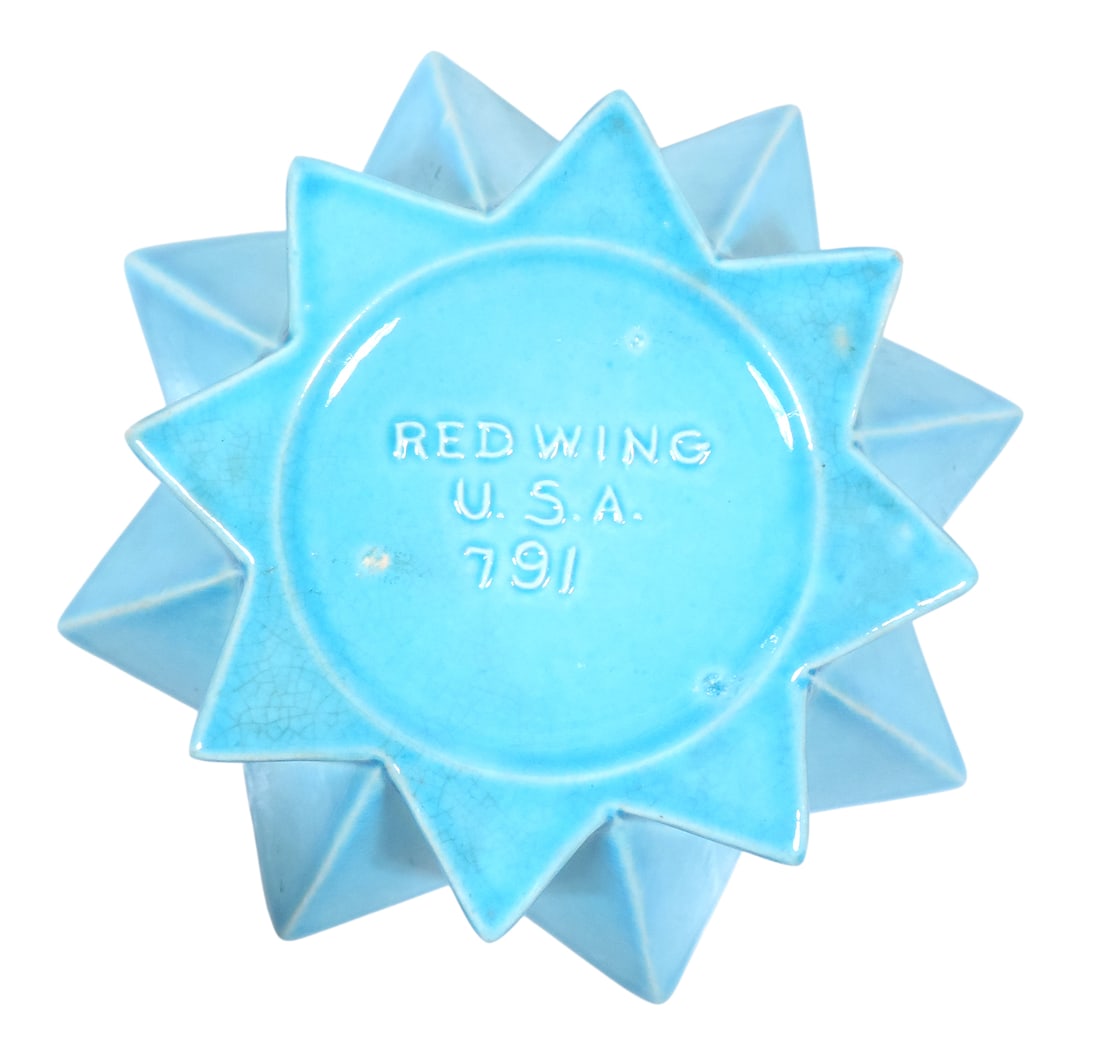 Red Wing Art Pottery, MCM Prismatique bowl #791, turquoise w/cream interior, factory defect near ... - 2