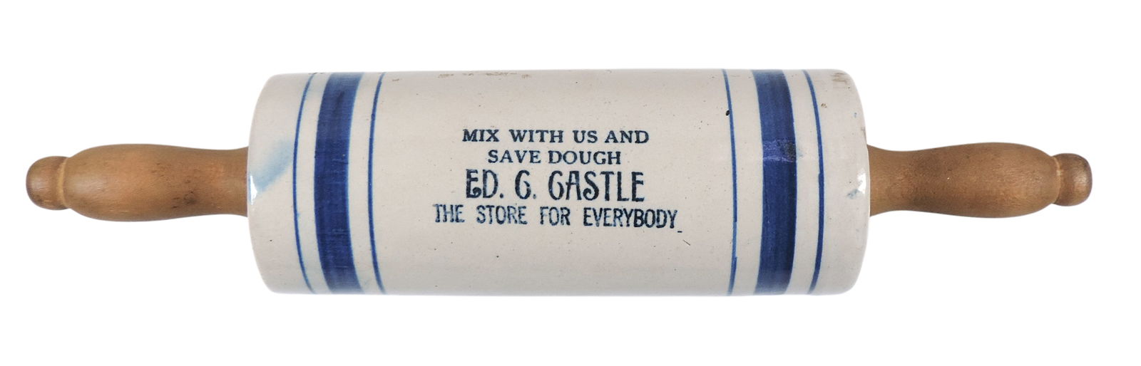 Western Stoneware Advertising Rolling Pin, Mix With Us And Save Dough-Ed. G. Gastle The Store For...: Western Stoneware Advertising Rolling Pin, Mix With Us And Save Dough-Ed. G. Gastle The Store For Everybody, blue banded w/orig wooden handles, one end has small chip & 2 minor spots of glaze loss, o/