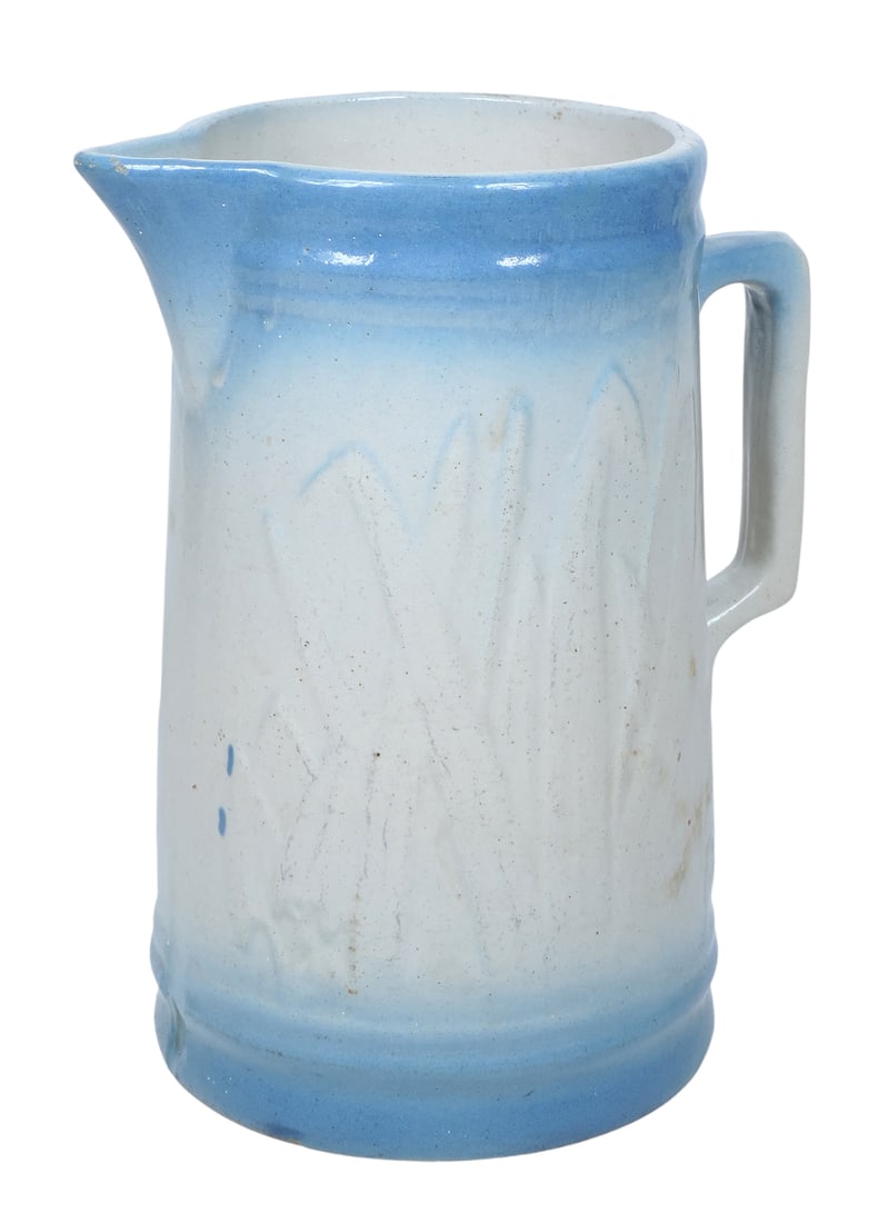 Western Stoneware Blue & White Cattail Pitcher, 2 tiny nicks on base & one on spout, c. early 190... (1 of 4)