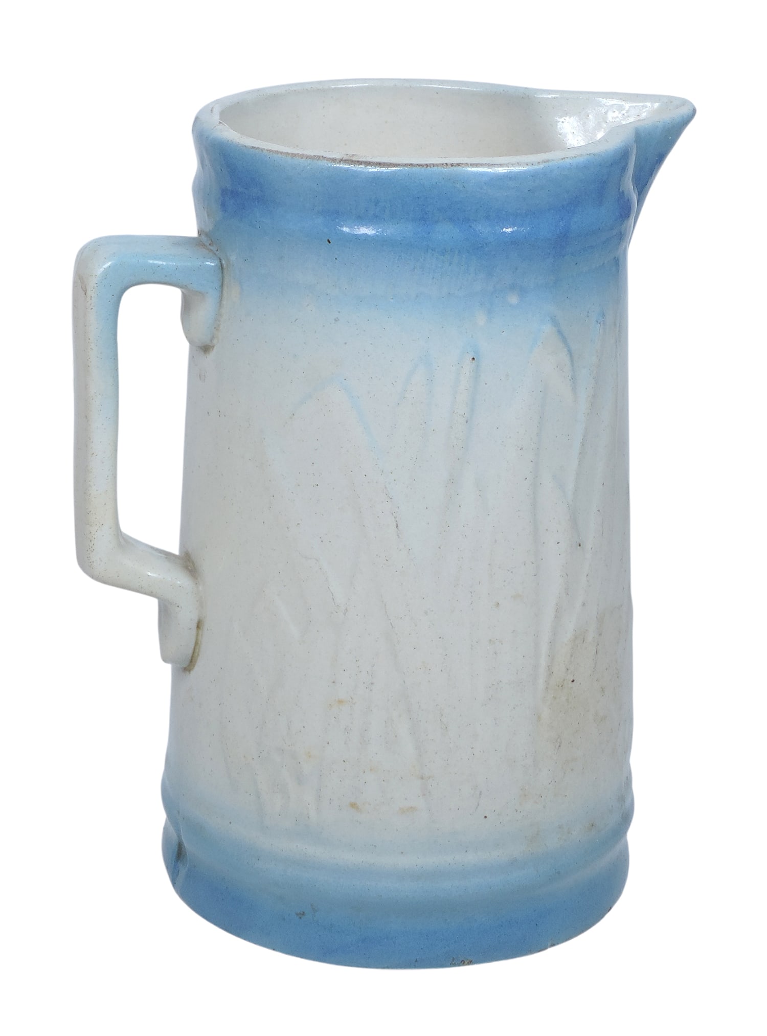 Western Stoneware Blue & White Cattail Pitcher, 2 tiny nicks on base & one on spout, c. early 190... - 2