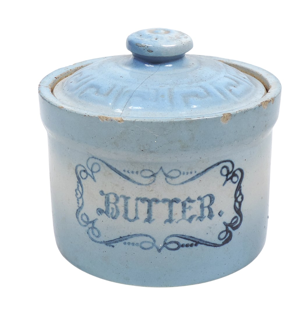 Western Stoneware Butter Crock, crock has various chips on rim, lid has hairline crack, different... (1 of 5)