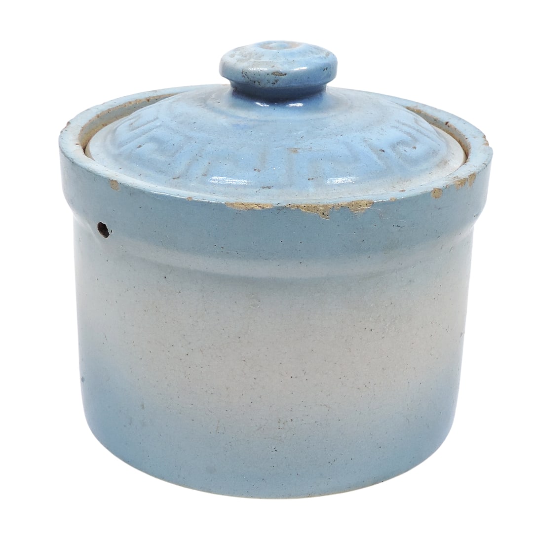 Western Stoneware Butter Crock, crock has various chips on rim, lid has hairline crack, different... - 2