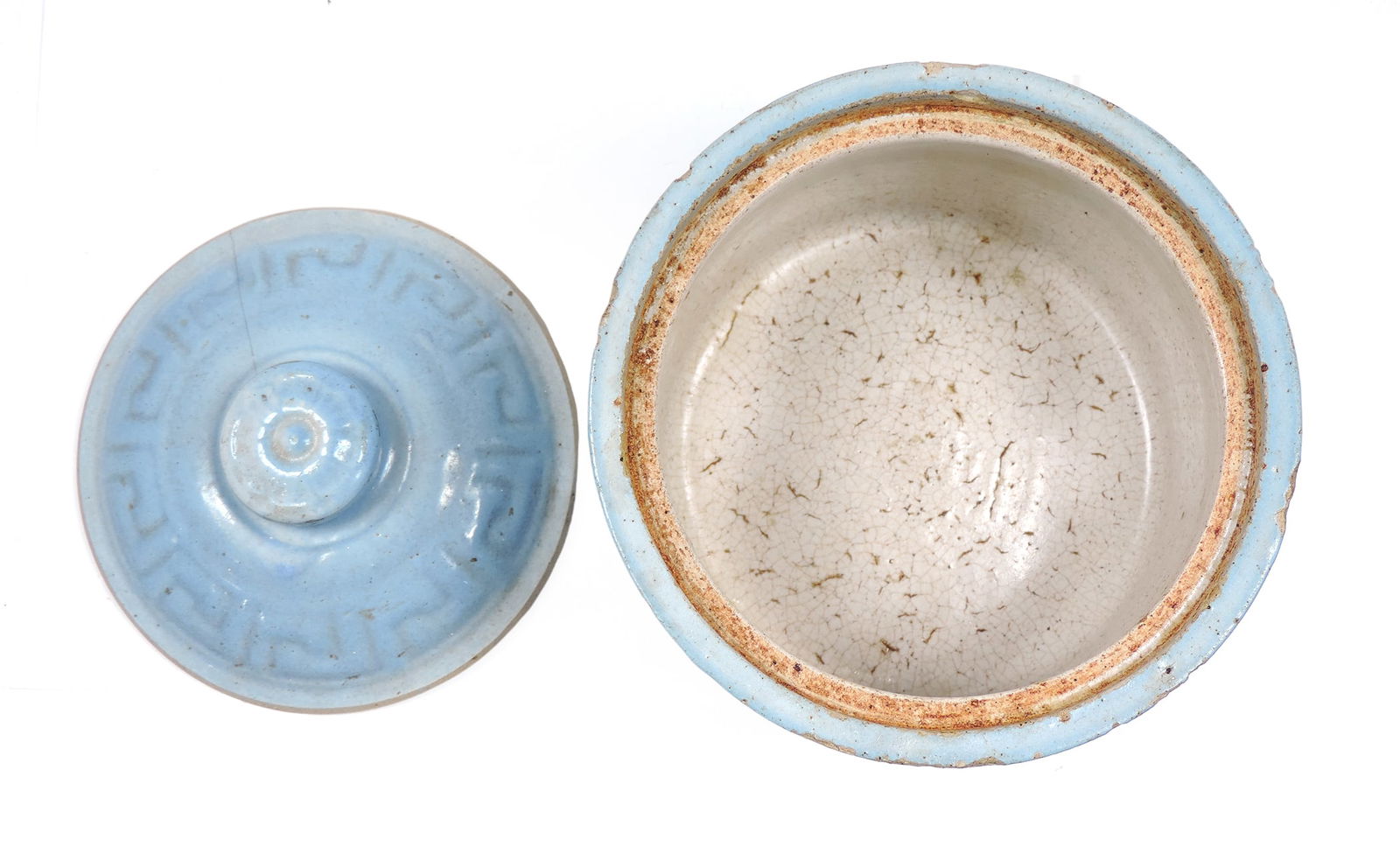 Western Stoneware Butter Crock, crock has various chips on rim, lid has hairline crack, different... - 3