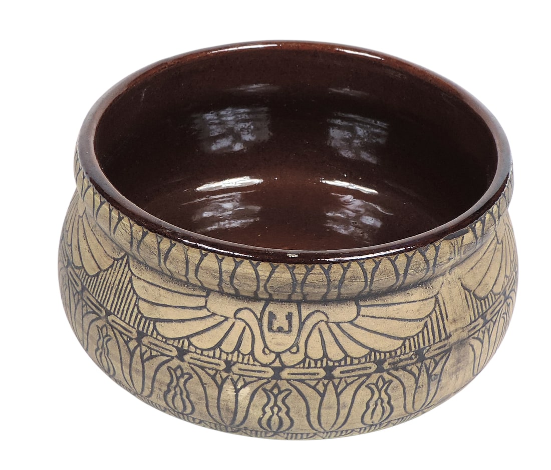 Western Stoneware Egyptian Revival Bowl, burnt-wood (unglazed) Egyptian line, glossy brown glaze ... - 2