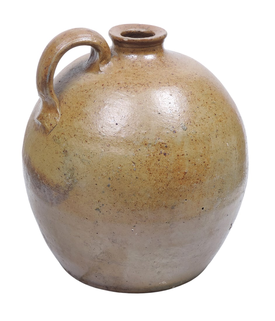 Ovoid Salt Glaze Stoneware Jug w/rounded spout & loop handle, unmarked, tiny nick on spout rim & ...: Ovoid Salt Glaze Stoneware Jug w/rounded spout & loop handle, unmarked, tiny nick on spout rim & bottom rim, c. mid to late 1800s, o/all Exc cond, H 9 x D 6 (base) in.