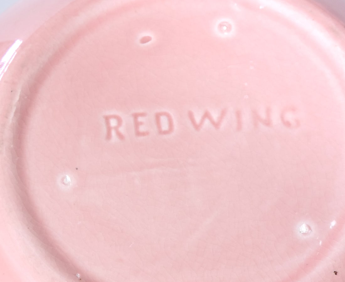 Red Wing Art Pottery (3), #735 pink swirl pitcher (64 oz.) & matching pr of 2 blue w/pink interio... - 2