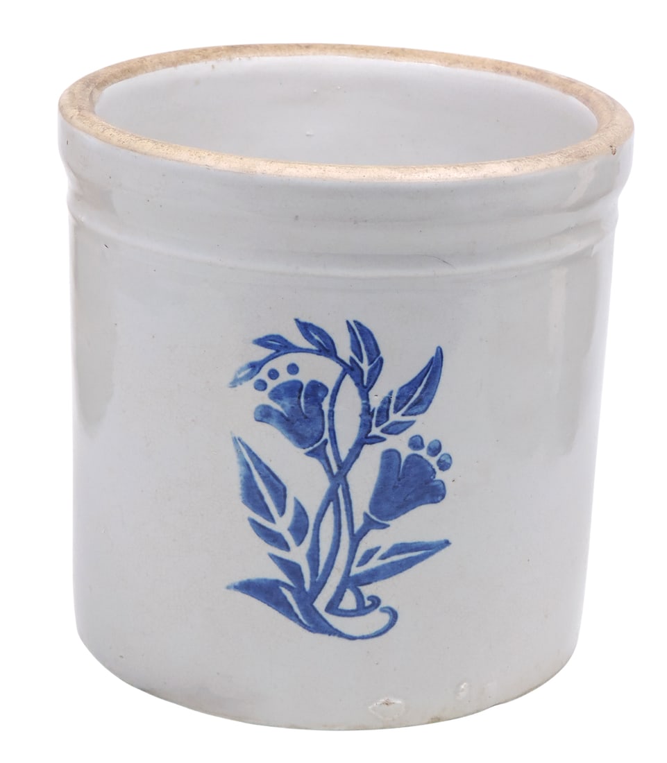 Western Stoneware 1 Gallon Crock w/a cobalt blue floral design, c. earlier 1900s, some factory gl... (1 of 4)