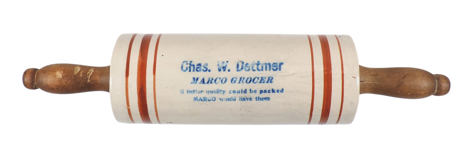 Western Stoneware Advertising Rolling Pin from Chas. W. Dettmer-Marco Grocer-If Better Quality Co...: Western Stoneware Advertising Rolling Pin from Chas. W. Dettmer-Marco Grocer-If Better Quality Could Be Packed-Marco Would Have Them, orange banded w/orig wood handle, handle has smaller cracks/scrape