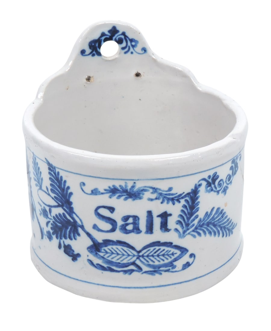 Blue & White Hanging Salt Box, deep cobalt leaf pattern, Exc+ cond w/no chips or cracks, H 5.5 x ...: Blue & White Hanging Salt Box, deep cobalt leaf pattern, Exc+ cond w/no chips or cracks, H 5.5 x Dia 6 in. 