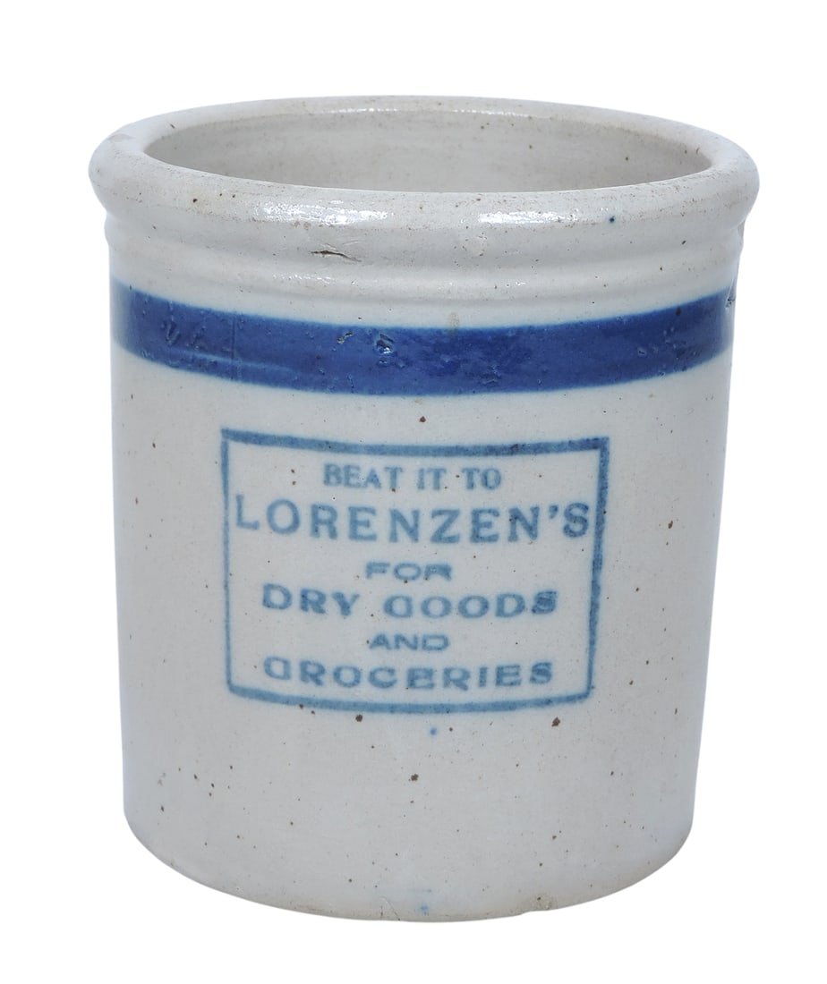 Western Stoneware Advertising Beater Jar, Beat It To Lorenzen's For Dry Goods and Groceries, c.... (1 of 4)