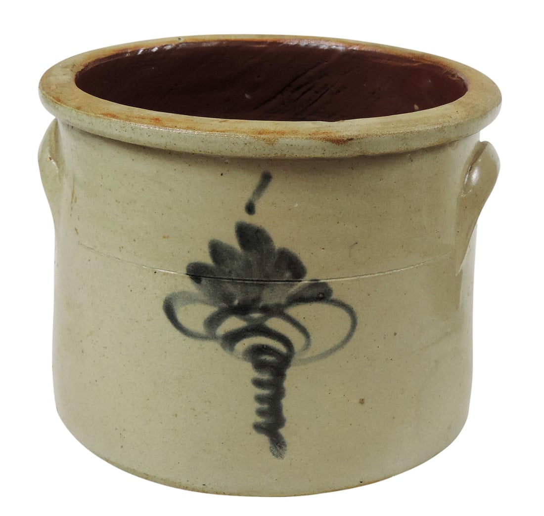Stoneware 1 Gallon Salt Glaze Crock, unmarked, hand painted blue floral design, applied lug handles (1 of 4)