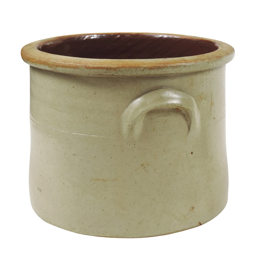 Stoneware 1 Gallon Salt Glaze Crock, unmarked, hand painted blue floral design, applied lug handles - 2