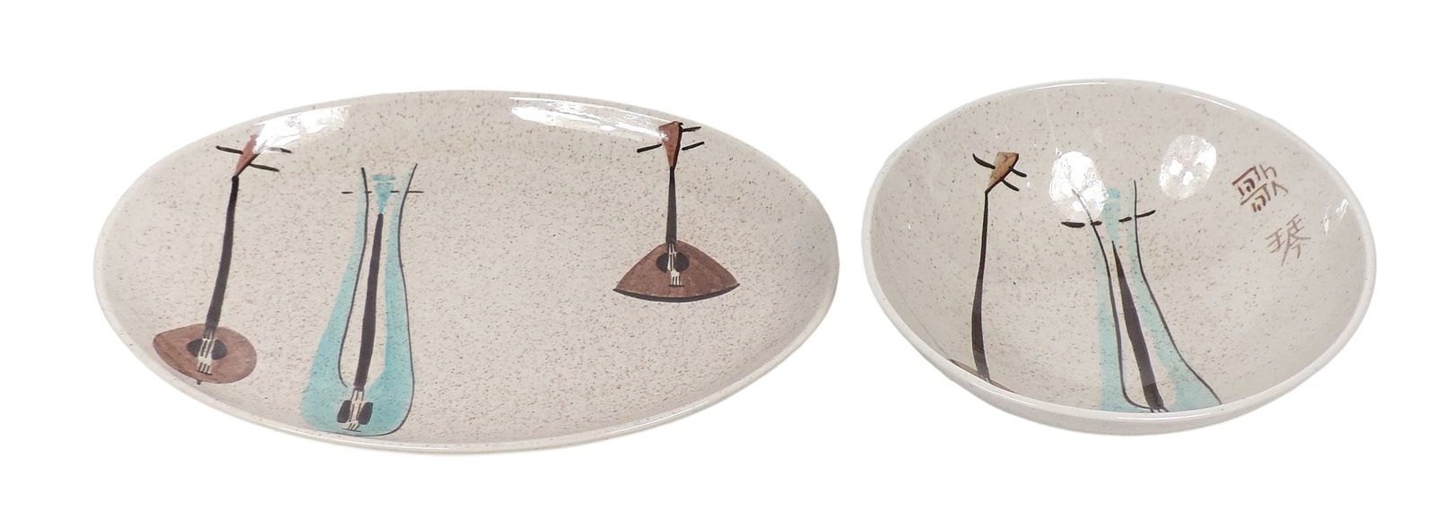 Red Wing Lute Song Serving Platter & Bowl (2), Mid-Century Modern, platter stamped True China Red...: Red Wing Lute Song Serving Platter & Bowl (2), Mid-Century Modern, platter stamped True China Red Wing USA Hand Painted 140, porcelain w/glossy finish, c. mid 1900s, Exc cond, L 12.75 in. 