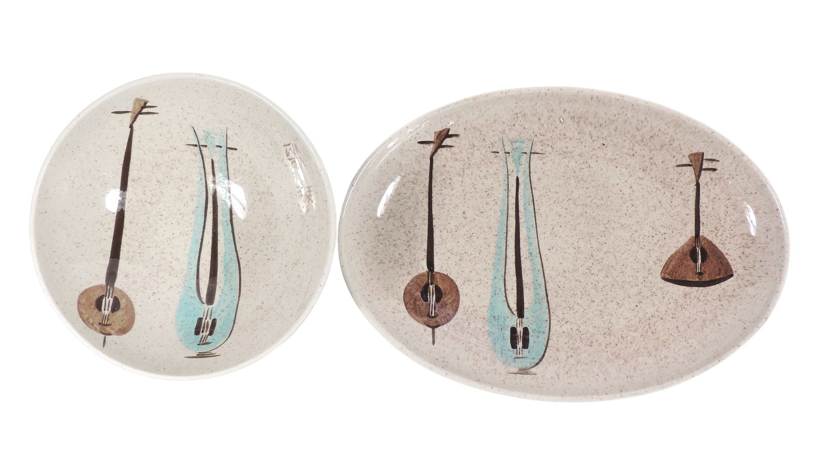 Red Wing Lute Song Serving Platter & Bowl (2), Mid-Century Modern, platter stamped True China Red...: Red Wing Lute Song Serving Platter & Bowl (2), Mid-Century Modern, platter stamped True China Red Wing USA, hand-painted porcelain w/glossy finish, platter has hairline crack/chip, c. mid 1900s, o/all