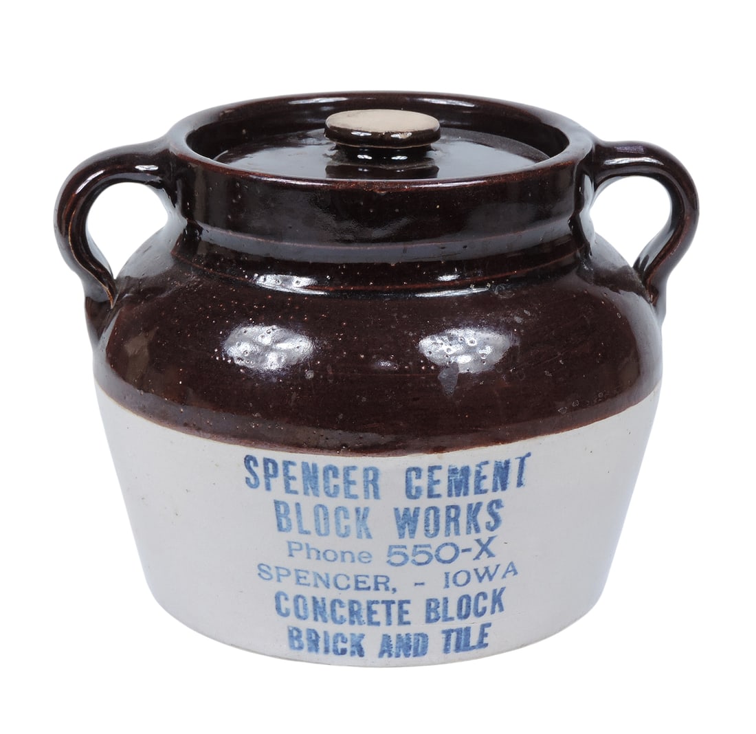 Red Wing Advertising Bean Pot w/Lid, Spencer Cement Block Works Phone 550-Z-Spencer, Iowa Concret... (1 of 5)