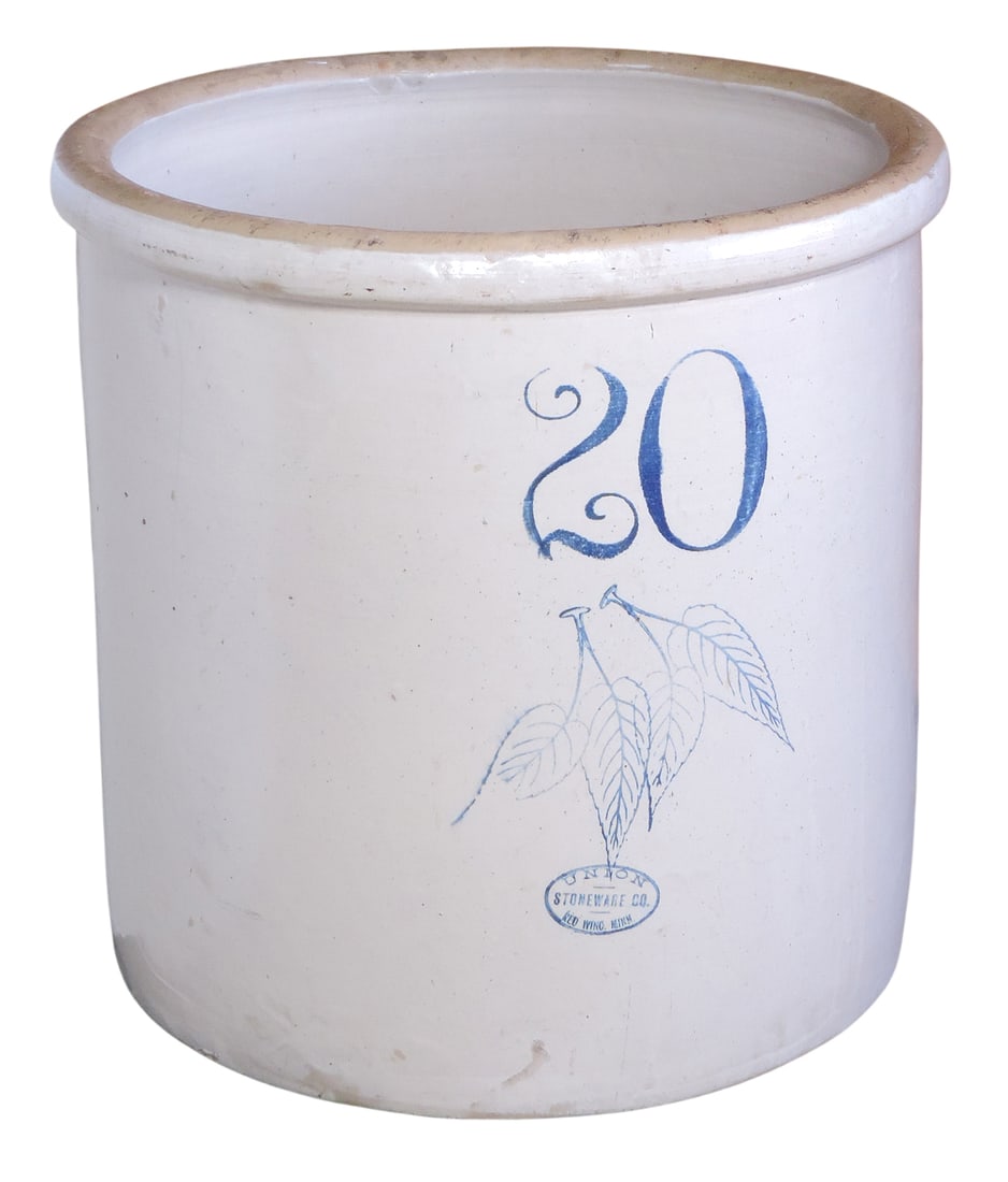 Red Wing 20 Gallon Crock w/double set of Birch leaves & Union Stoneware Co. oval, light hairline on (1 of 6)