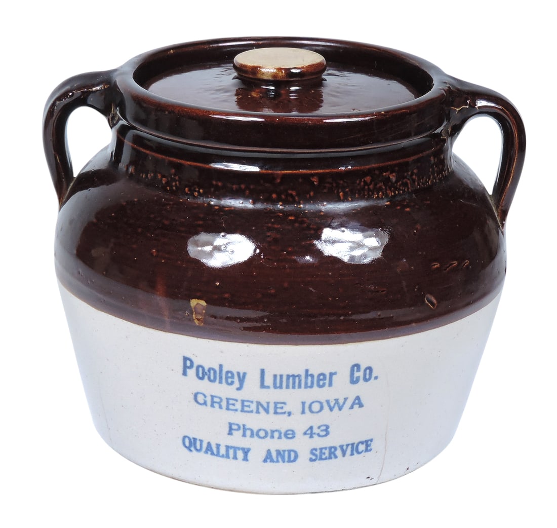 Red Wing Advertising Bean Pot w/Lid, Pooley Lumber Co.-Green Iowa-Phone 43 Quality and Service, s...: Red Wing Advertising Bean Pot w/Lid, Pooley Lumber Co.-Green Iowa-Phone 43 Quality and Service, surface hairline cracks on base & sides, c. earlier 1900s, o/all VG cond, H 6 x D (base) 6 in.
