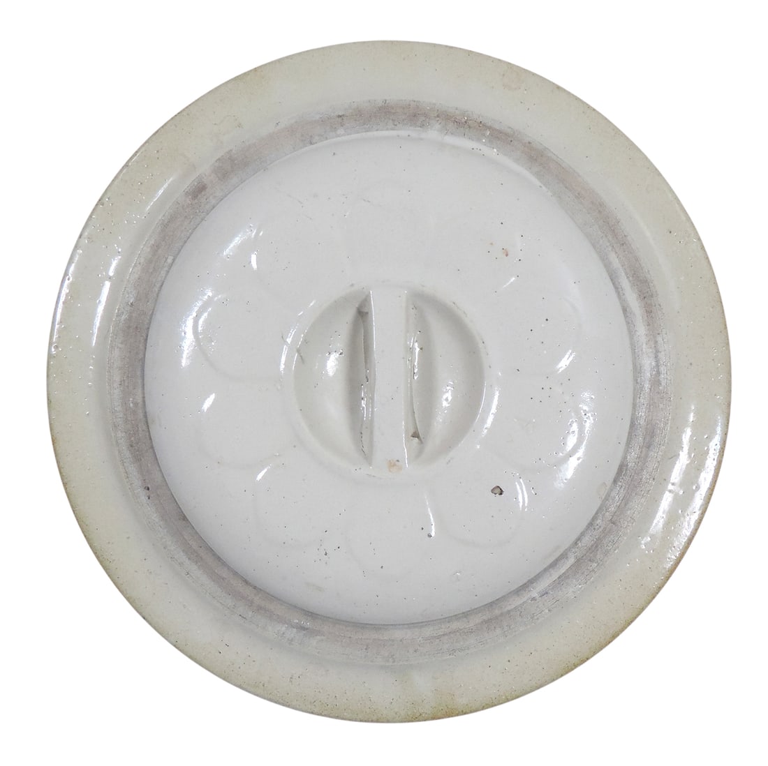 Red Wing 4 Gallon bar handled lid, impressed 4 on top, minor flake on interior center rim, o/wise...: Red Wing 4 Gallon bar handled lid, impressed 4 on top, minor flake on interior center rim, o/wise Exc cond, D 12 in. 