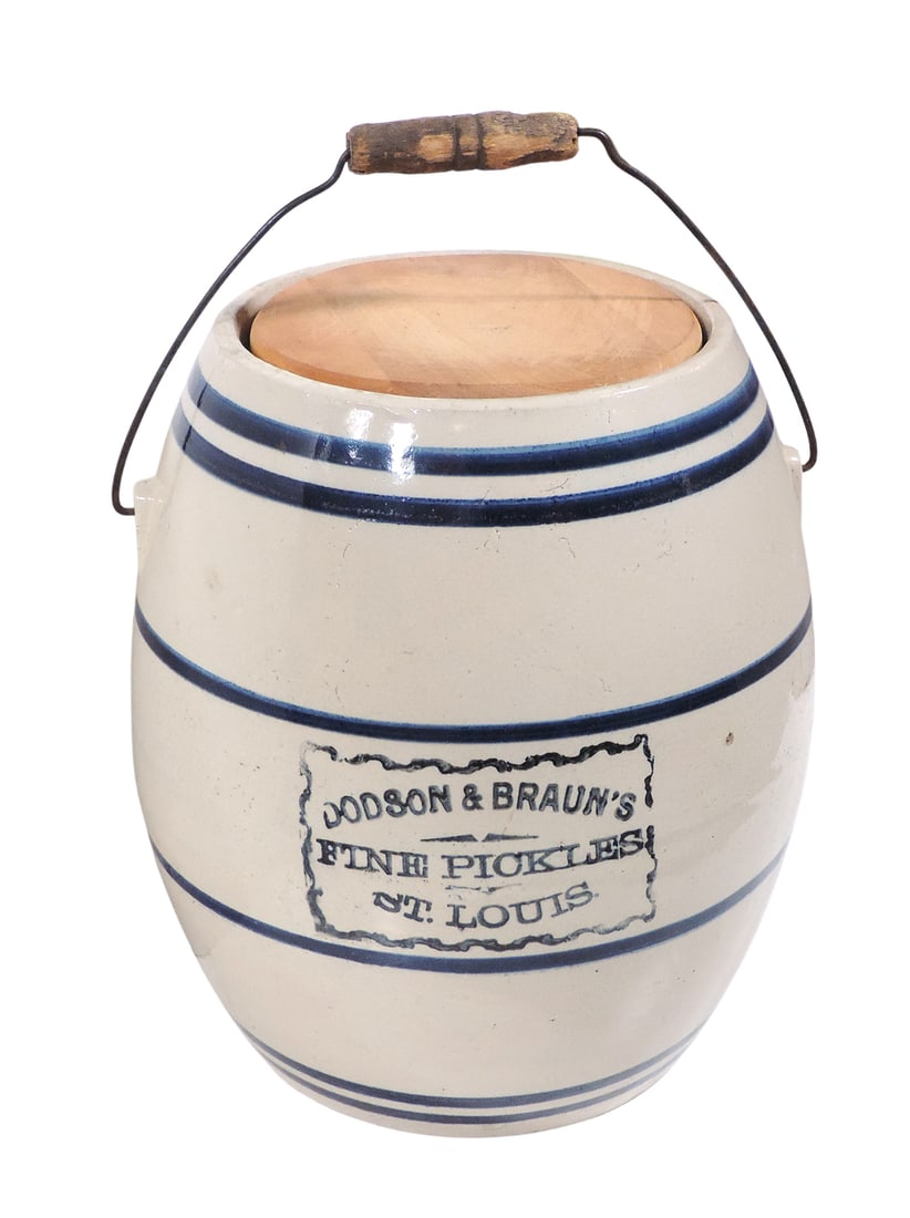 Advertising Pickle Barrel Crock w/wooden lid, stamped Dodson & Braun's Fine Pickles St. Louis, ha... (1 of 7)
